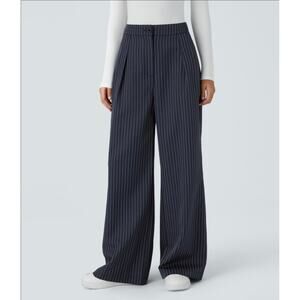 Sz Med HALARA Navy High-Waist Zipper Pocket Wide Leg Baggy Striped Work Pants